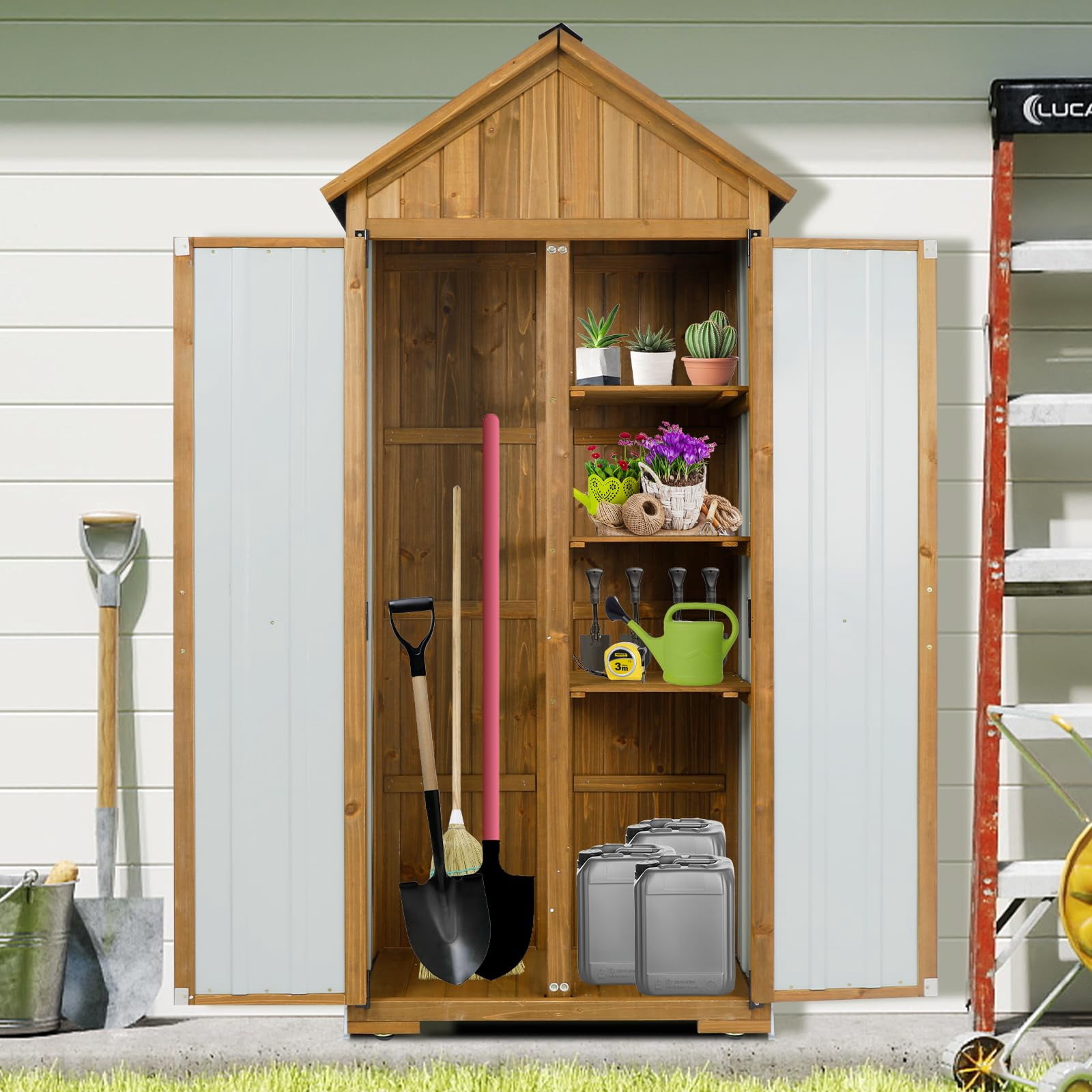 Gowoodhut Outdoor Storage Cabinet Waterproof, Outdoor Storage Shed with Shelves, Wood & Metal Patio Backyard Garden Storage Cabinet Tool Organizer for Outside