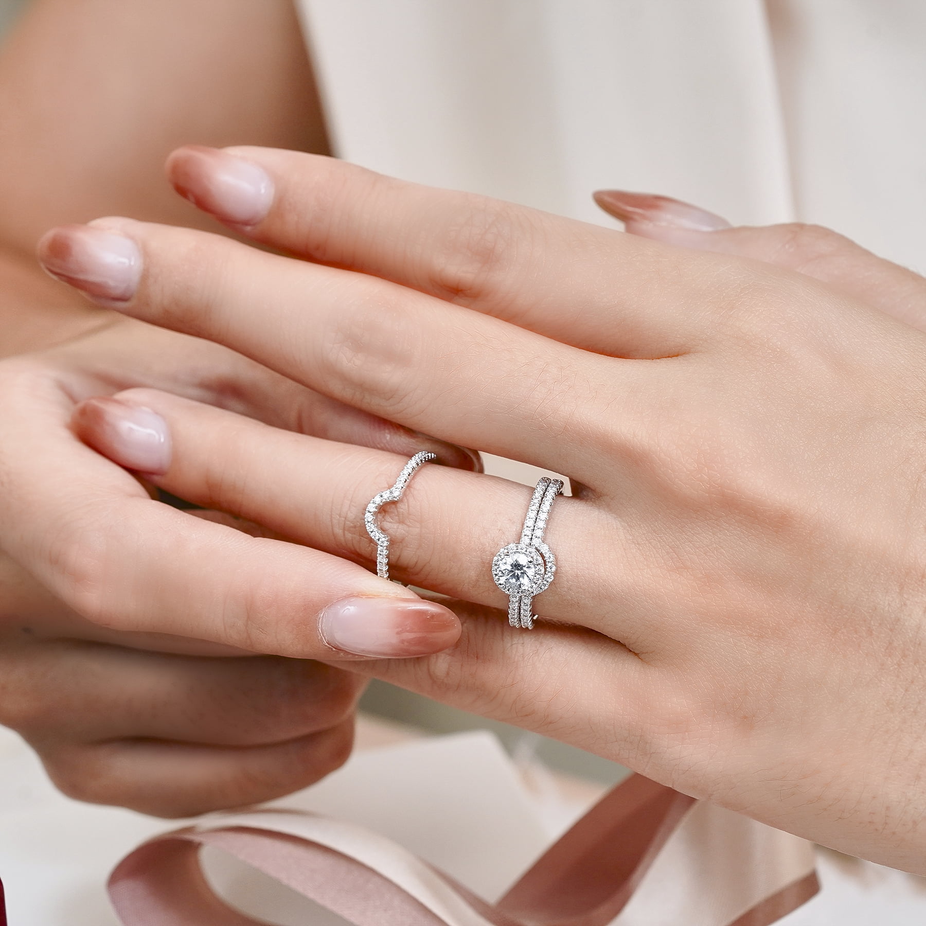 JeenMata 1 Carat Lab Grown Diamond Trio Wedding Ring Set - Round Cut Halo Statement Ring in 18K White Gold Plating for Women