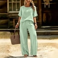 thumbnail image 6 of Ynynloco 2 Piece Cotton Linen Outfits for Women Casual Tracksuit Short Sleeve Tops And Wide Leg Long Pants Matching Lounge Sets, 6 of 8