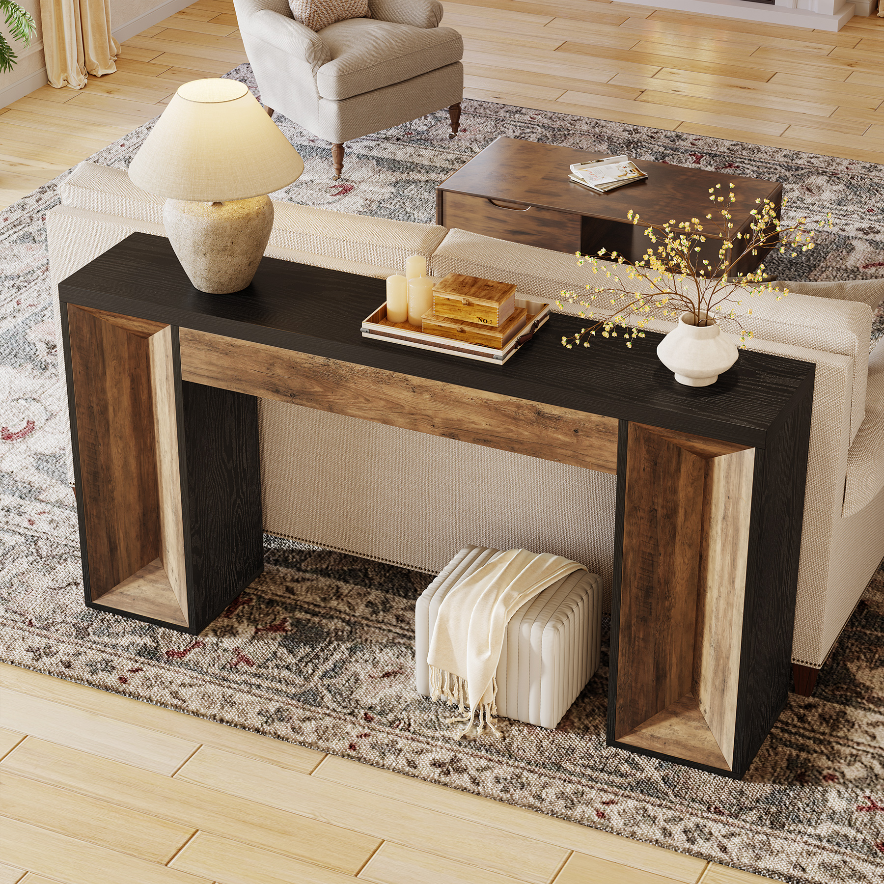 Finmind 63-inch Long Console Table for Entryway, Farmhouse Wood Foyer Table with Dual-Tone Design, Brown and Black