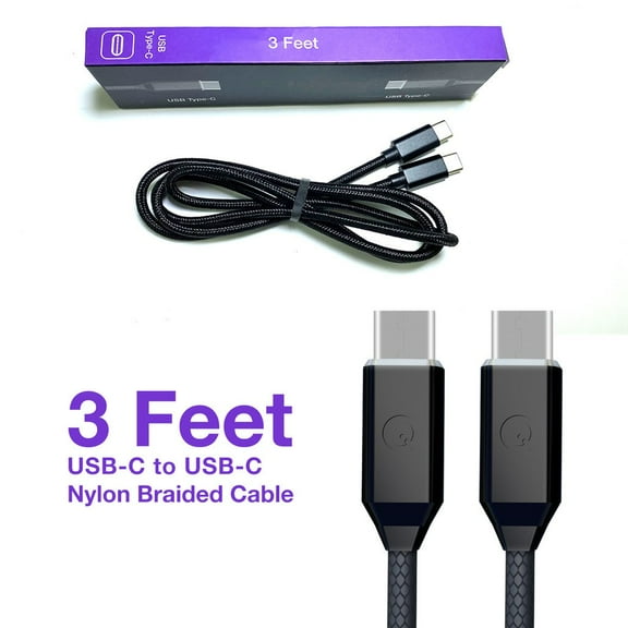 Soft Nylon Braided USB Type-C to USB-C Male USB Charger Cables - 3 Feet, Black
