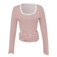 thumbnail image 5 of Tiweut Women Casual Tshirts Off the Shoulder Striped Slim Fit Long Sleeve Square Neck Sexy Lady Tees Pink,S, 5 of 6