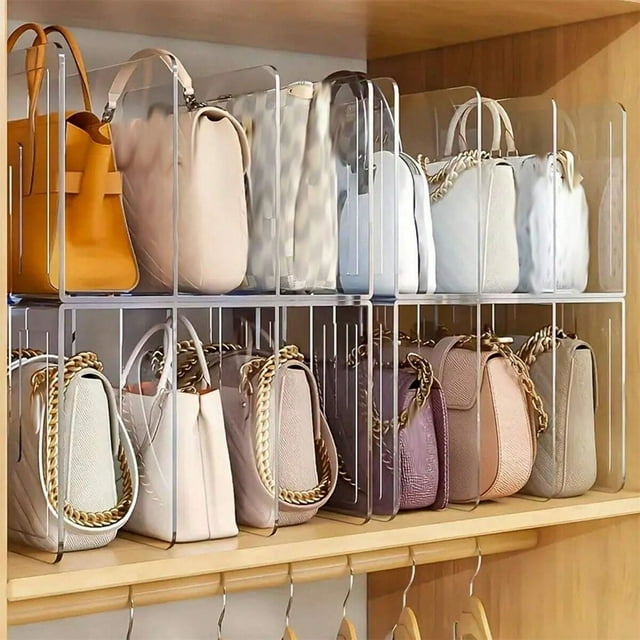 ZTTD Clear Closet Bag Storage Dividers Rack with detachable acrylic cupboard shelves, ideal for organizing handbags, purses, and other items. The transparent, stackable dividers feature smooth corners and adjustable spacing, perfect for closets, bathrooms, offices, or as desk organizers. Includes five separators per set, each measuring 12.59x5.90x5.11 inches with 2.75-inch spacing between slots.