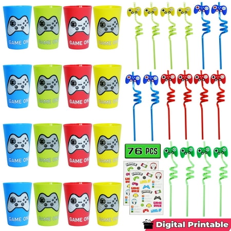 Empire Party Supply 76 PC Video Game Party Favors - 16 Set of Reusable Gamer Drinking Straws with Party Cups and 44 PCs Tattoos for Kids Gamer Birthday Party Supplies