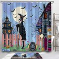 thumbnail image 1 of Whimsical Halloween Shower Curtain - Witch, House, Bats, Full Moon Design, 1 of 5