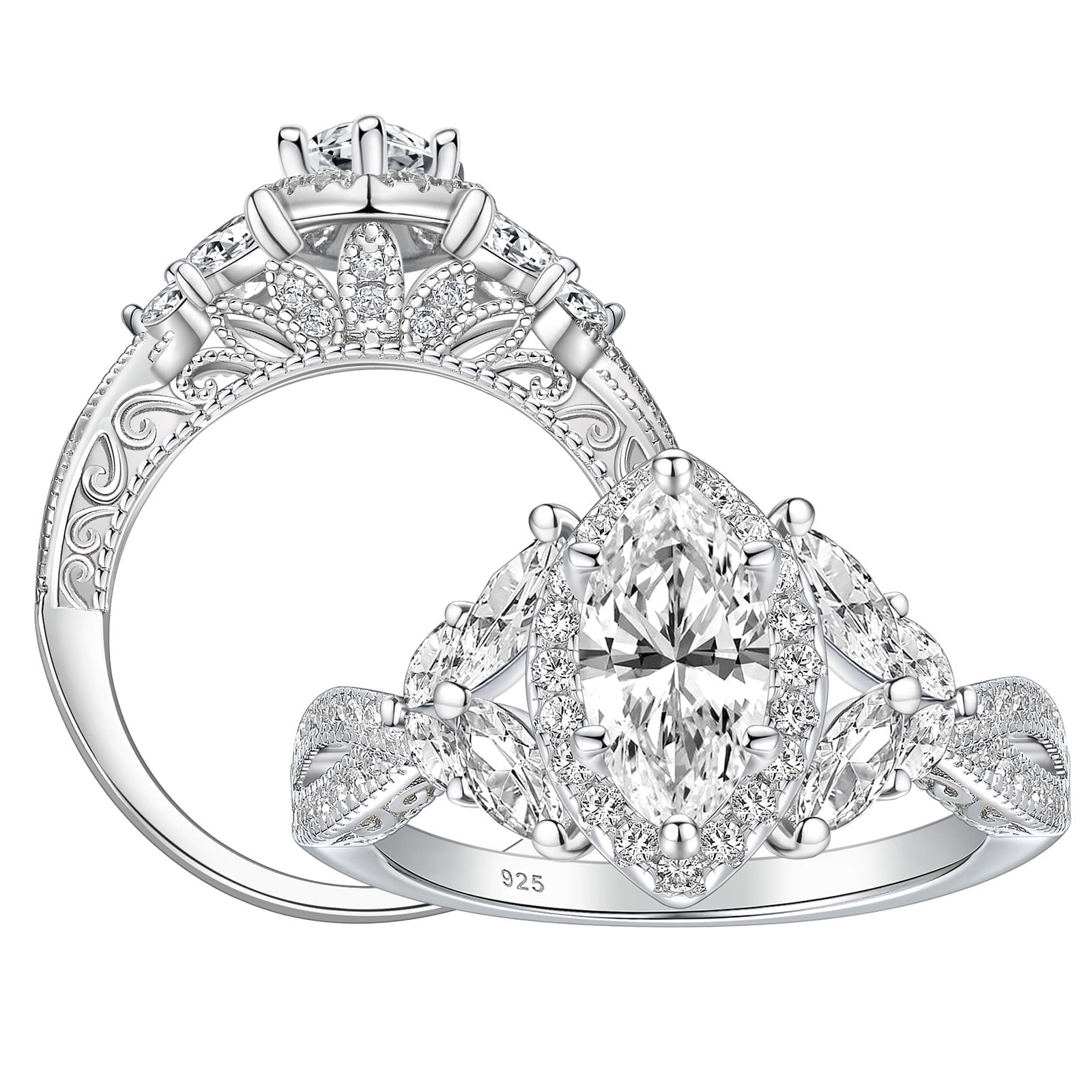 SHELOVES 1.7ct Marquise Cluster Halo Wedding Engagement Rings For Women Art Deco AAAAA CZ 925 Sterling Silver Size 5