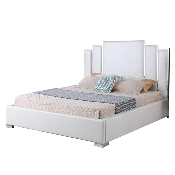 63 Geometric Headboard And Bedframe In White Faux Leather Eastern King Com Faux Leather Eastern King, E King Bed Frame