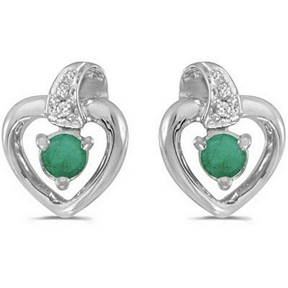 Boucles d'Oreilles Coeur Émeraude et Diamant Or Blanc 14 Carats (0.20ctw)