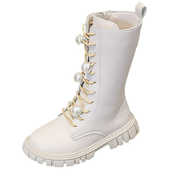 BOBOGOJP Girls Lace Up Riding Boots, Mid Calf Combat Boots Waterproof PU Leather Side Zipper Punk Goth Boot White for Size 12.5