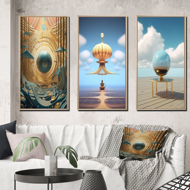 Designart "Infinite Possibilities in Retro Futurism" Abstract Landscape Framed Wall Art Set Of 3 - Blue Abstract Landscapes Frame Gallery Set For Office Decor