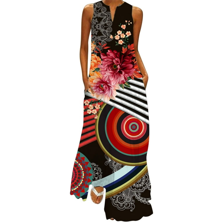 Dress with Shorts underneath Women s Maxi Dress Women Summer Casual Sleeveless Print V Neck Maxi Loose Dress Boho Beach Long Sundress With Pockets