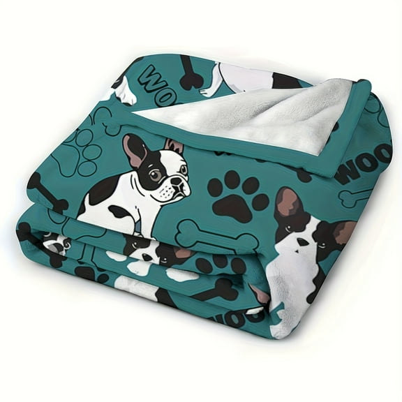 French Bulldog Print Flannel Blanket - Playful Puppy & Bone Design, Soft Anti-Tear Green Blanket for All Seasons, Machine Washable Cozy Throw for Dog Lovers, Couch, Bed, Home Decor
