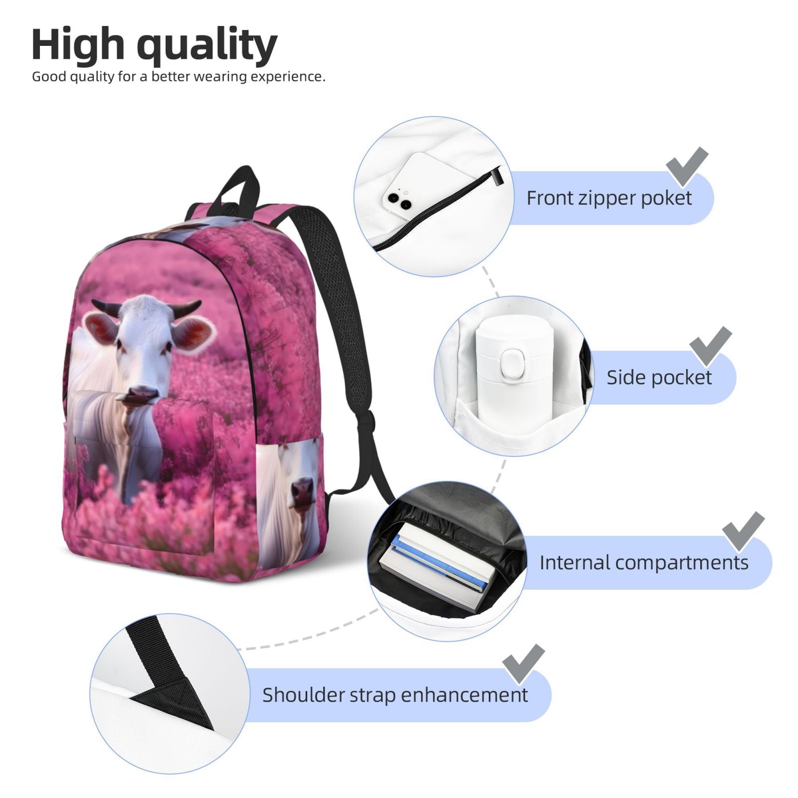 Vsdgher Flower Field Cow Print Canvas Backpack Travel Rucksack Unisex Knapsack 15.7/17.7Inch Laptop Backpack for Work,College -Medium
