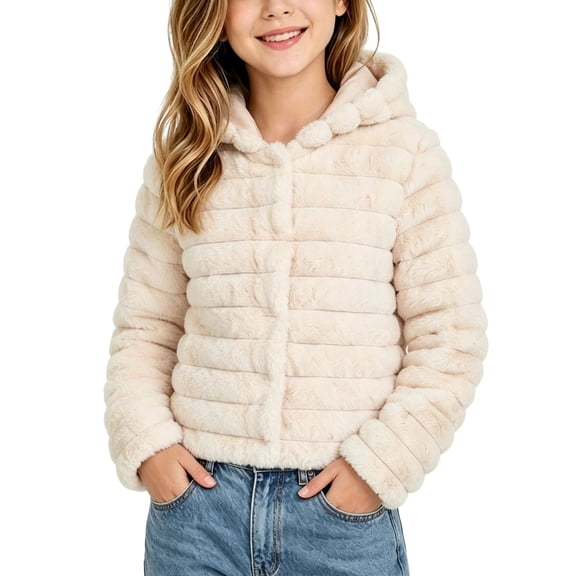 Kinrui Girls Faux Fur Crop Coat Hooded Fleece Jacket Fuzzy Winter Fall Thermal Shearling Fluffy Overcoat Size 5-13 Years