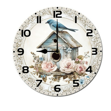 ZXCXRQFa Bird House Flowers Wall-Clock for Girls Analog Battery Operated 10 Inch - Round Wood Wall Clocks Silent Non-Ticking Bathroom Bedroom Decor