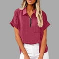 thumbnail image 2 of nerohusy Half Zip Linen Shirts for Women Short Sleeve Solid Color Blouses with Pocket Summer Lightweight Casual Lapel Tops,Wine,L, 2 of 8