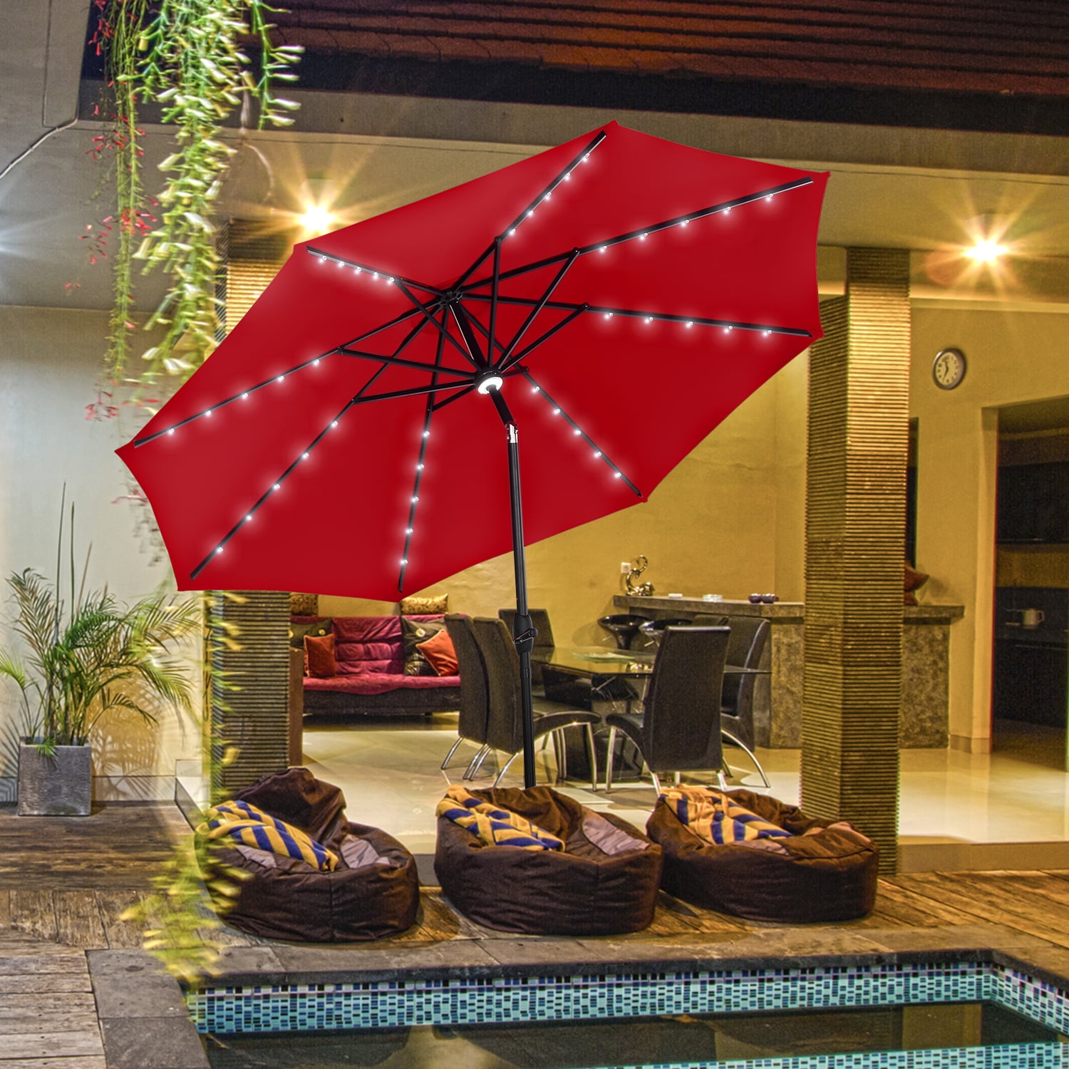 10Ft Lighted Aluminum Patio Table Market Umbrella with Tilt and Crank for Garden,Deck,Backyard,Pool Light Blue