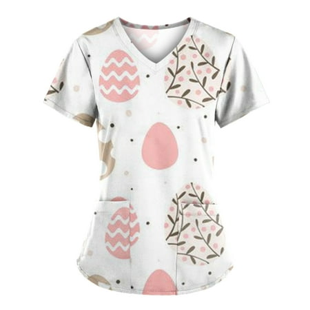 

Easter Scrub Tops for Women Short Sleeve V Neck Bunny Print Eggs Pattern Working Uniforms Blouse T Shirts with Pockets