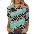thumbnail image 2 of Sakmal 3/4 Sleeve Ladies Tops Green Leopard Print Striped Crew Neck Pullover Womens T Shirts, 2 of 5