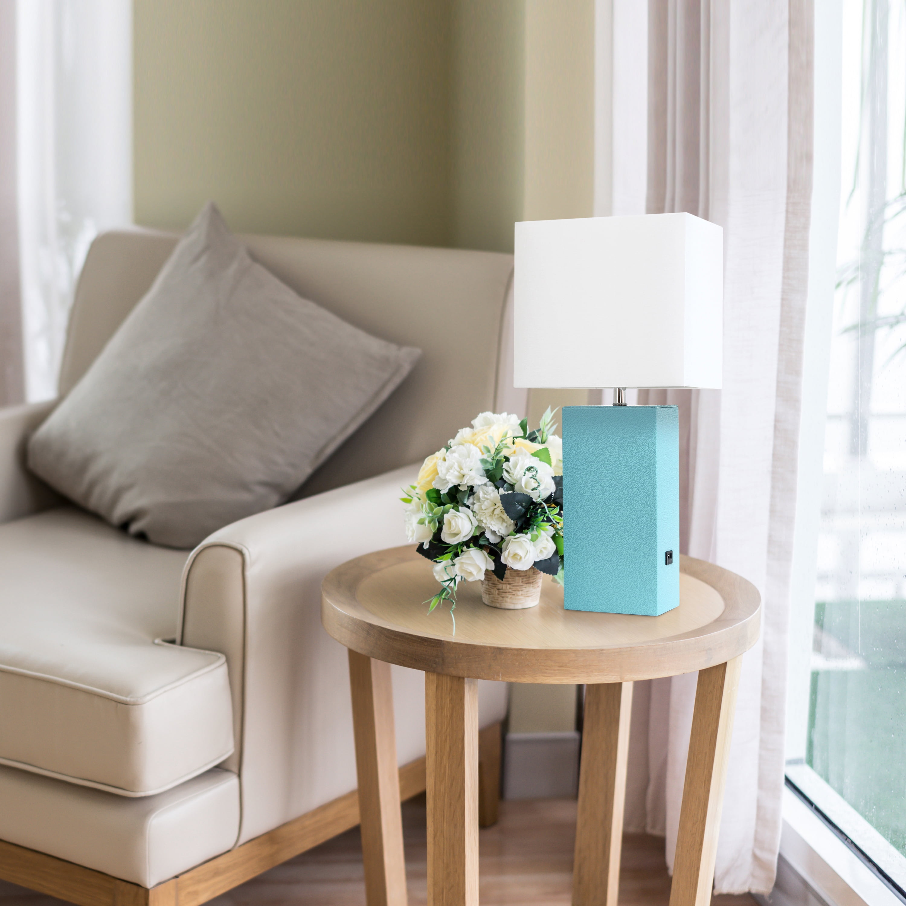 Lalia Home 21" Leather Modern Bedside Table Lamp with USB Port and LED Bulb, Aqua