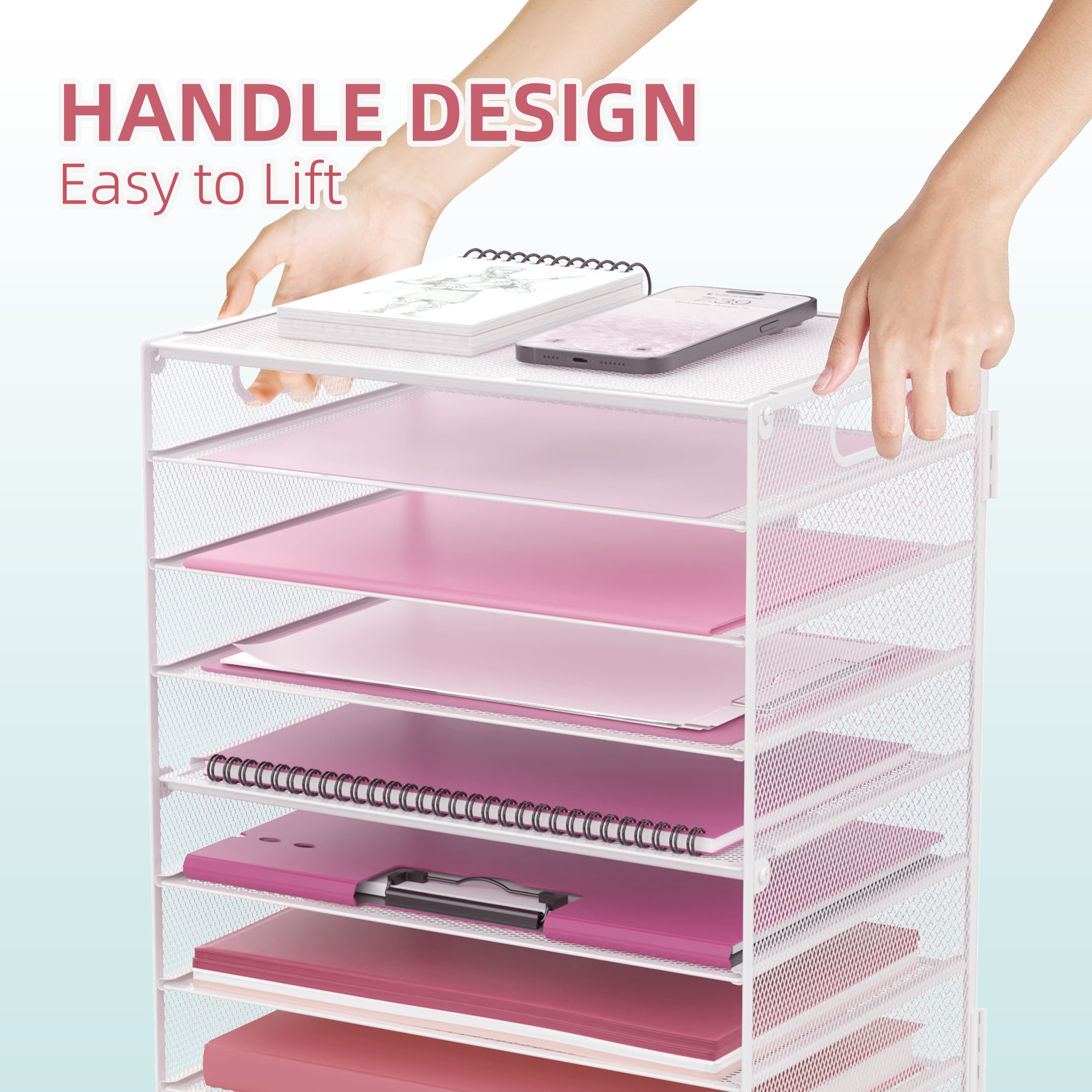 INTIGE 9-Tier Metal Paper Tray Desk Organizer with Handles, Desk Letter Organizer, White, 1 Piece