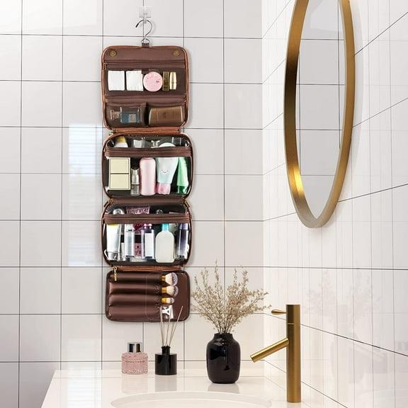 Hanging Toiletry Bag PU Leather Travel Organizer with 3 Compartments, Dark Brown