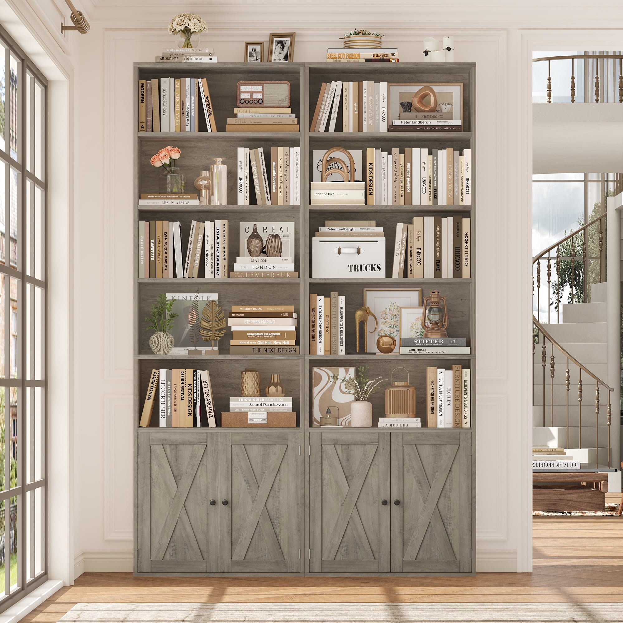 Hiphuta 81.5" Tall Bookcase with Doors, 5-Tier Bookshelves with Storage, 23.6"W Display Shelf with 2 Doors for Home Office, Living Room, Ash Grey