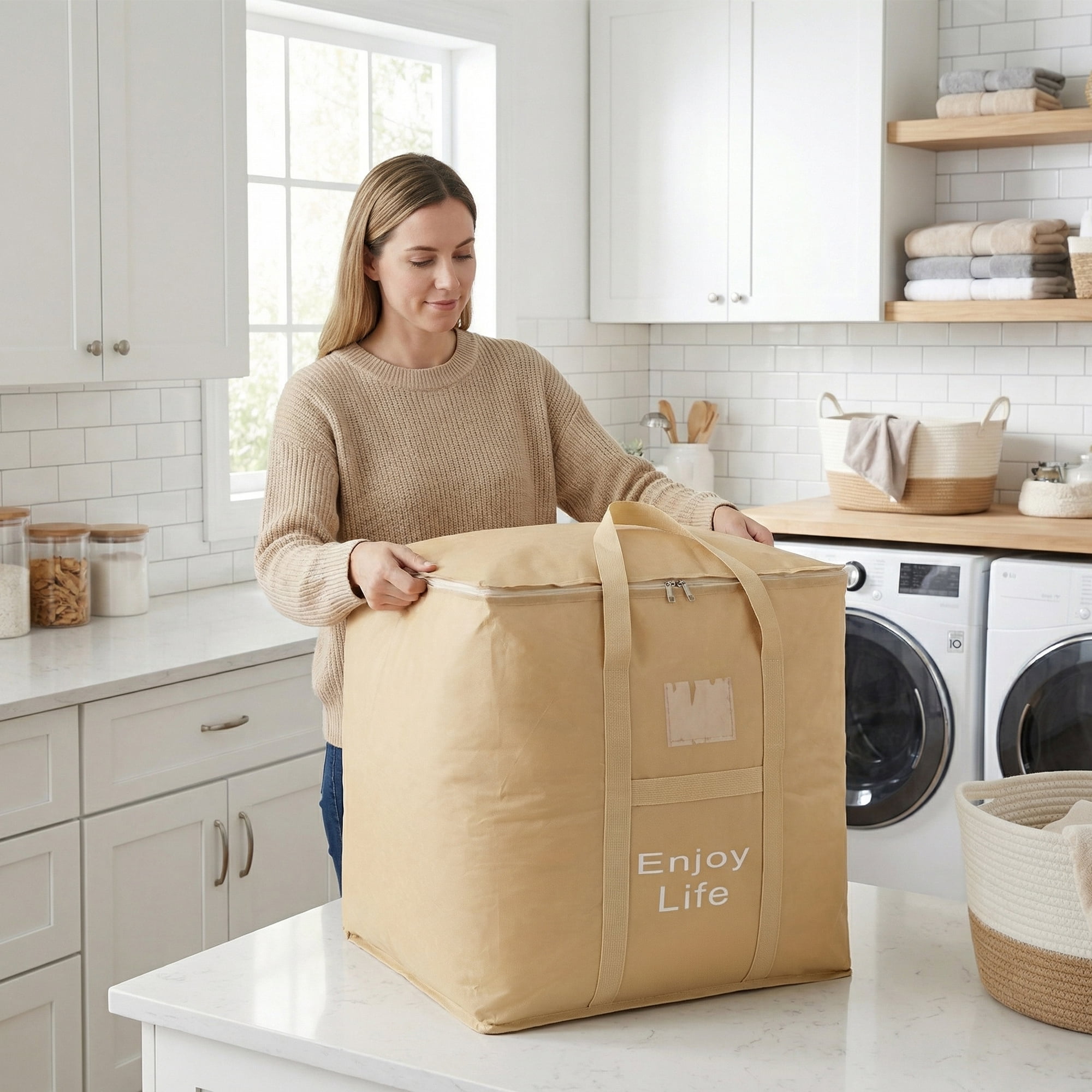 Unique Bargains Foldable Storage Bags for Storing Clothing Light Brown 19.7"x15.7"x19.7"