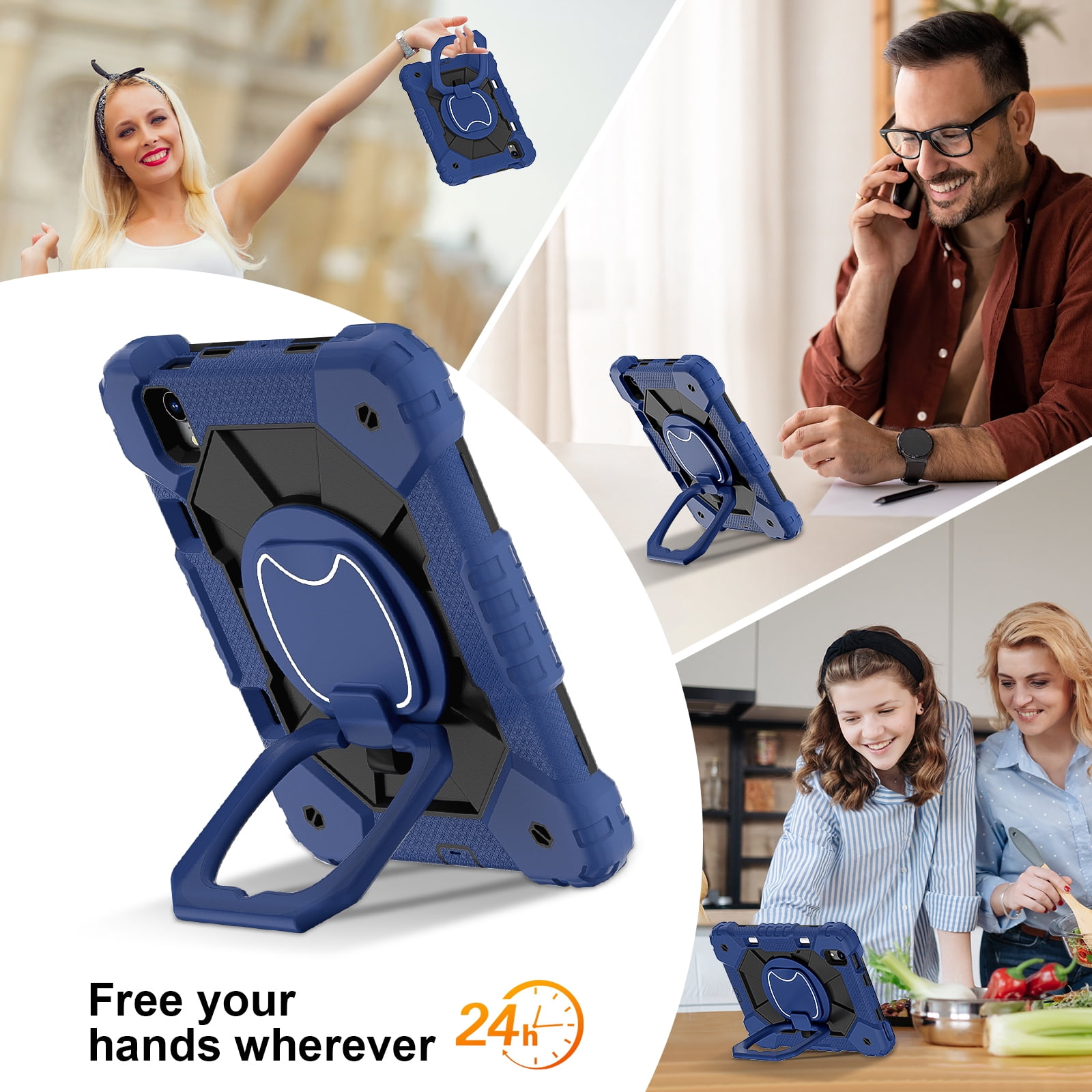 Dteck with Pencil Holder Case for mini A17 Pro 2024,iPad mini 6th Generation 8.3 inch Heavy Duty Silicone Case 360 Degree Rotating Handle Stand Cover with Shoulder Strap,Navy+Black