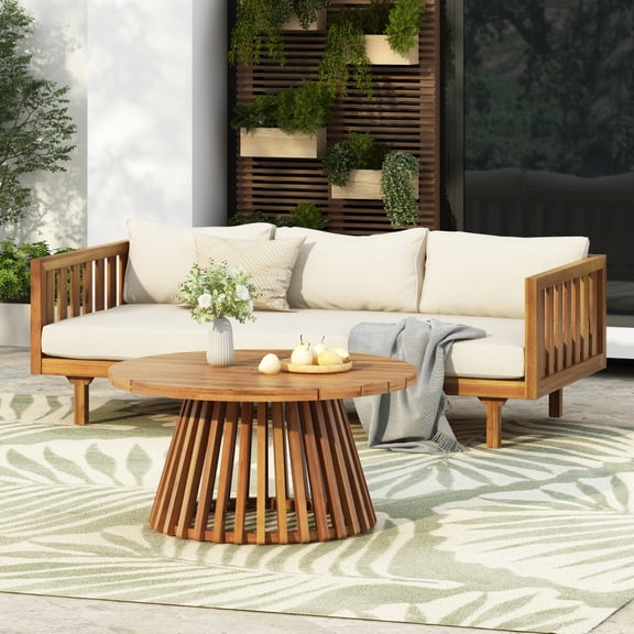Gearwell Patio Daybed Set, Acacia Wood Outdoor 3 Seater Sofa with Beige Water-Resistant Thick Cushions and Round Coffee Table, Garden Lounge Furniture for Backyard Deck Poolside