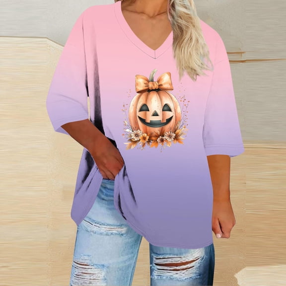 Qulqfy Plus Size Womens Shirts 3/4 Length Sleeve Fall V-Neck Graphic Boho Comfy Knit Spring Dressy Casual Summer Tops for Women XL