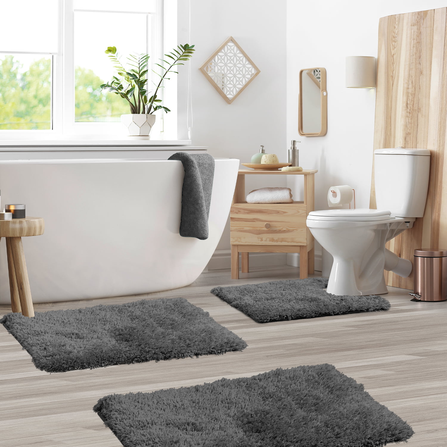 HEBE Bath Rug Sets 3 Piece Non Slip Washable Bath Rug Set for Tub, Shower,  and Bathroom (18''x26''+20''x32''+20''x48'',Grey/White)