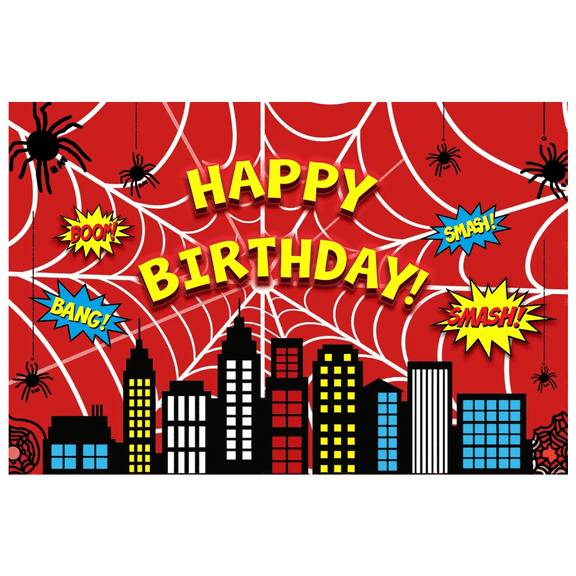 LUUFILx Spider Themed Birthday Backdrop Banner Happy Party Urban Cityscape Decoration Background Red Web Spiders Celebration Wall Decor Photo Booth Event