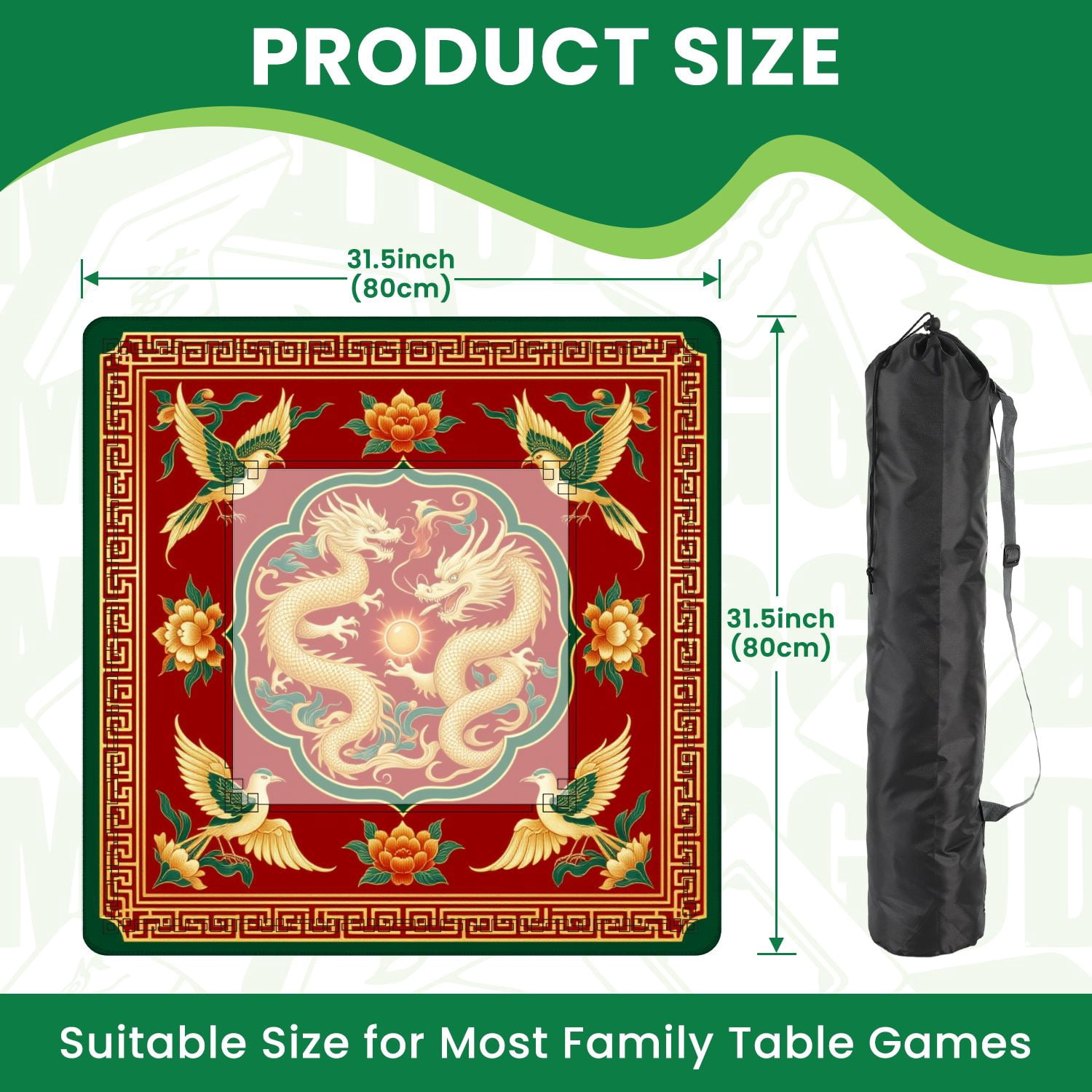 Mahjong Mat 31.5" x 31.5" Golden Chinese Dragons Birds Floral Red Non-Slip Noise Reduction American Mahjong Tiles Table Cover for Dominoes Poker Card Board Games Gift