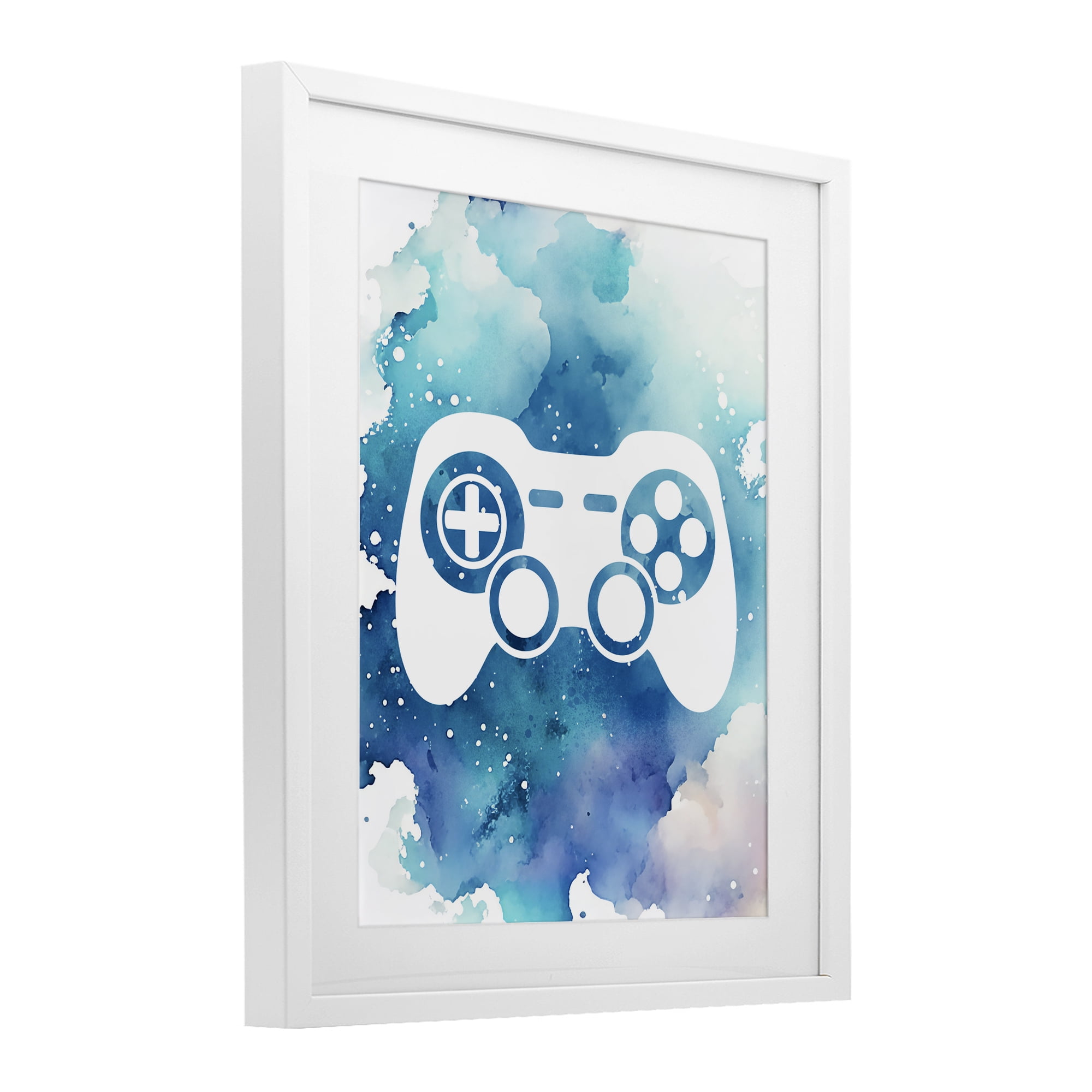 Blue Controller Splatter White Framed Print Under Glass, design by Marcus Prime