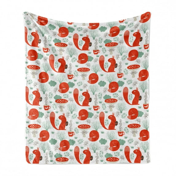 Animal Soft Flannel Fleece Throw Blanket, Animals Nature Whimsical Squirrel Sleeping Fox Fungus Hot Tea, Cozy Plush for Indoor and Outdoor Use, 70" x 90", Reseda Green Dark Brown, by Ambesonne