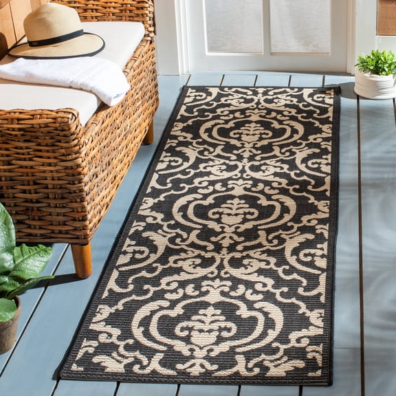 Safavieh Courtyard Dara Damask Indoor/Outdoor Runner Rug, Black/Sand, 2'3" x 14'