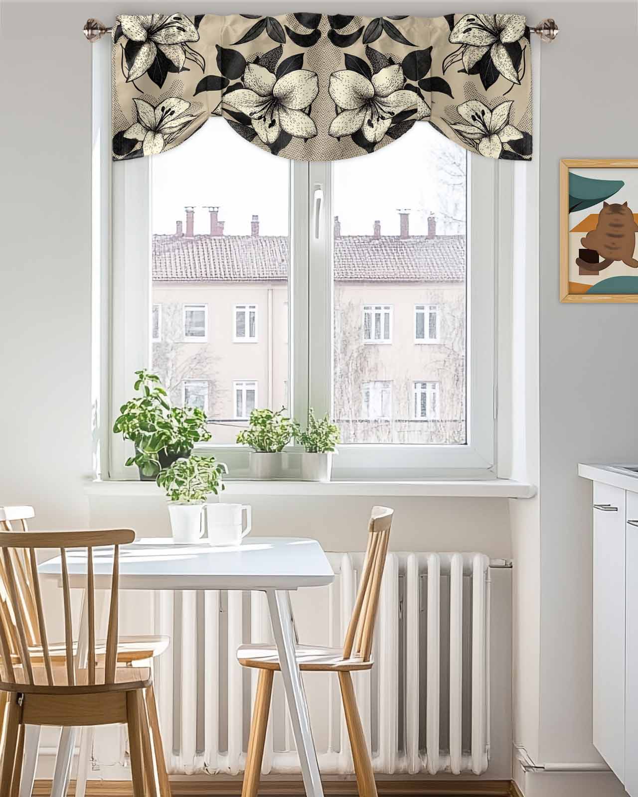 White Flowers Tie Up Valances Curtain, Black Leaf Vintage Khaki Background Kitchen Valances for Windows Decor, Rod Pocket Short Curtains Set for Bedroom/Bathroom, 54"x18"
