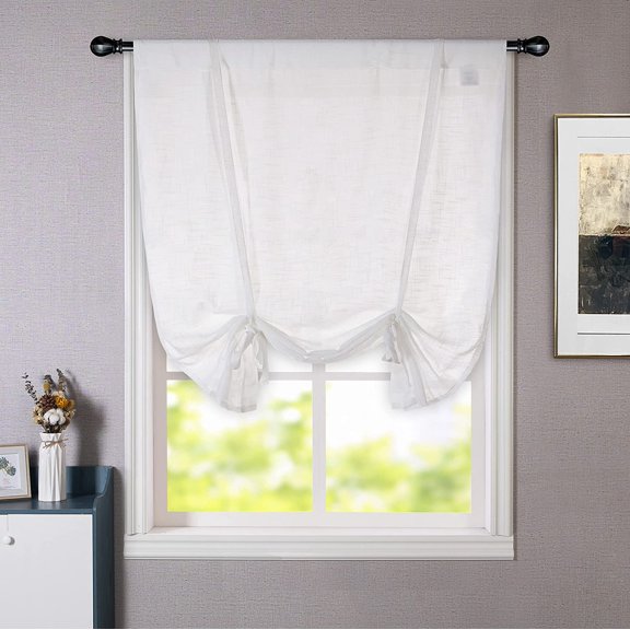 DriftAway Solid Color Faux Linen Slub Sheer Voile Tie Up Decorative Adjustable Balloon Rod Pocket Window Curtains for Small Window, 39" x 55" White