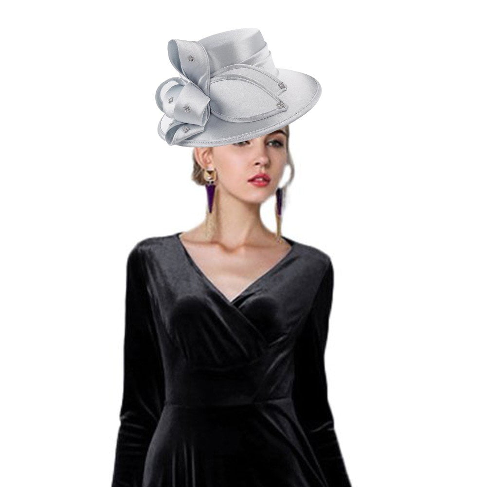 Jiibva Satin Cloth Church Hat Women Wide Brim Hat Elegant Wedding Photography Hat Female Banquet Fancy Fascinator Formal Hat