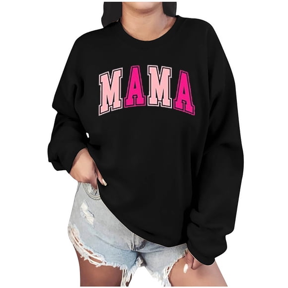 Sudadera Penkiiy Mama Mujer Oversize Glitter Patch Mama Crewneck Sudaderas Mama Print Manga Larga Moda Suelta Pullver S Negro