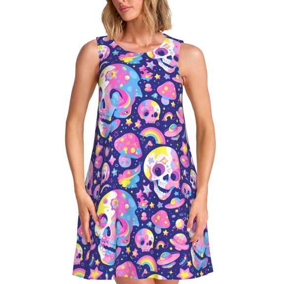 Honeii Skull colorful mushroom Print Women's Sleeveless Dress, Loose Fit Casual Dress for Women, Summer Fashion Dress