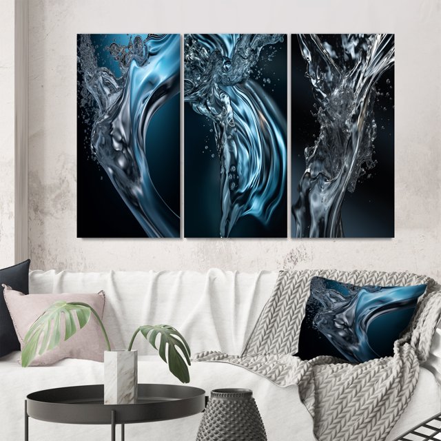 Designart "Waveform Dreams Black Monochrome Vision" Fractals Wall Art Set Of 3 - Black Fractals Gallery Set For Office Decor