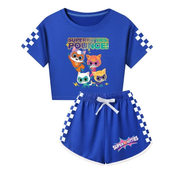 Girls SuperKitties Crop Top Set – Kids Lightweight 2-Piece Summer Outfit with Shorts