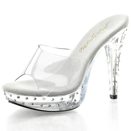Clear Glass Slides - Enchanting Rhinestone Encrusted Slide Sandals with 5 Inch Clear Heels