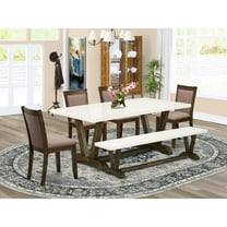 East West Furniture V727MZ748-6 6 Piece Dining Set- A Dining Table in Trestle Base with Bench and 4 Coffee Dinner Chairs - Distressed Jacobean Finish