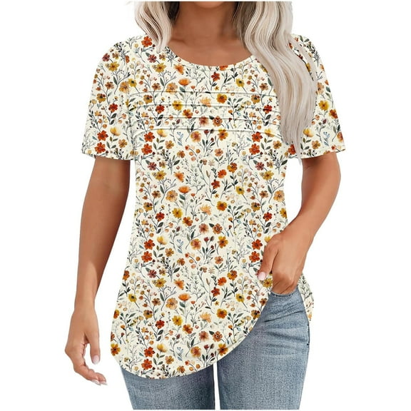Women's Fashion Spring Floral Print T-Shirts Plus Size Pullover for Women Casual Shirts Short Sleeve Round Neck Pullover Chest Pleated Top