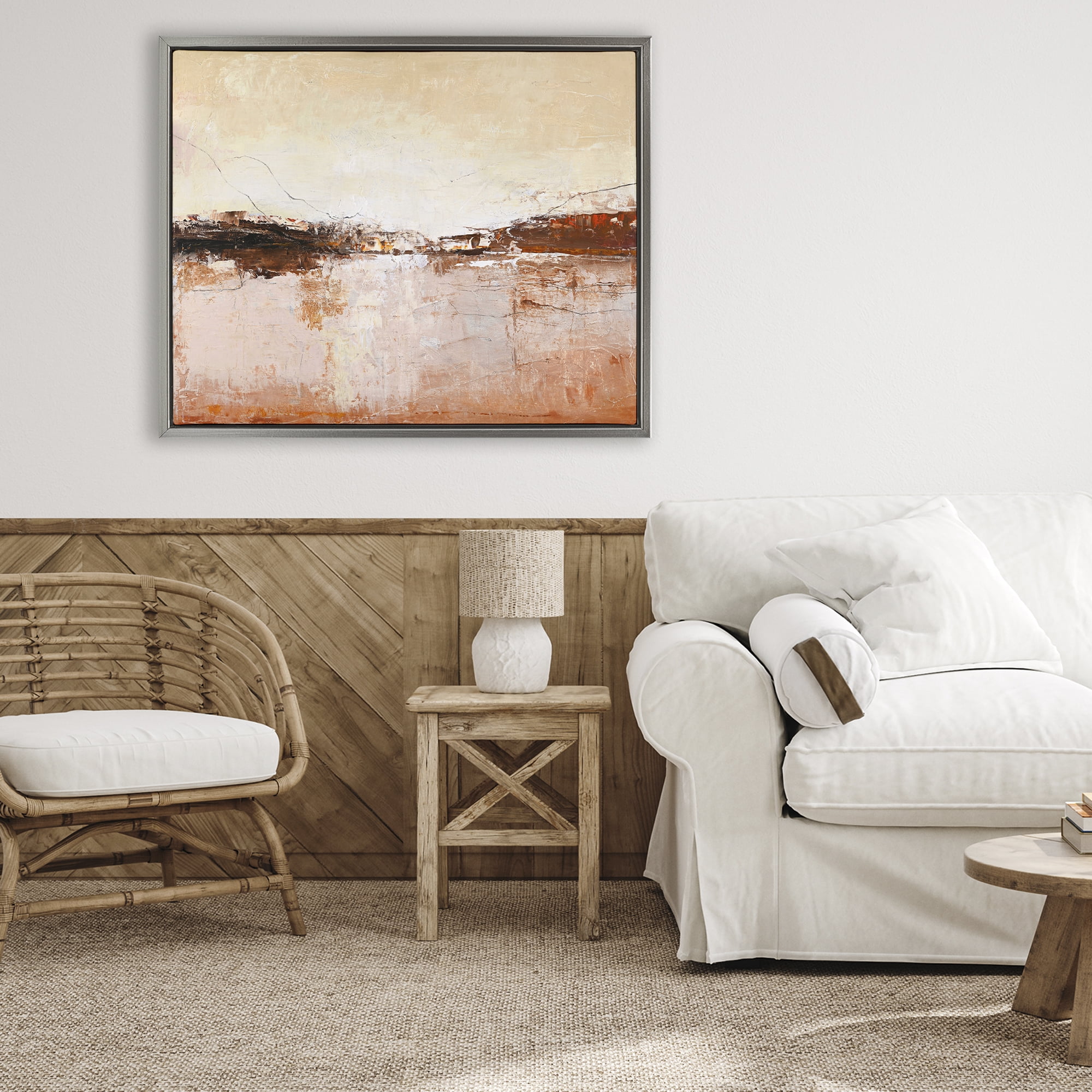 Warm Distressed Horizon Gray Framed Floater Canvas Wall Art, design by Design Fabrikken