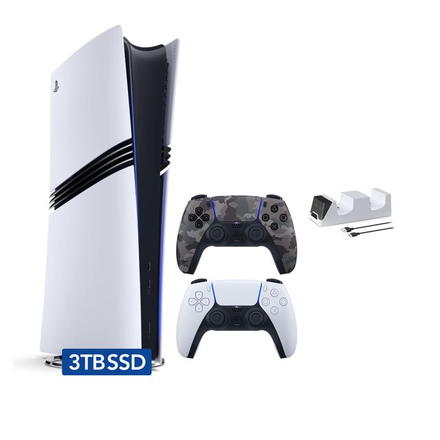 PlayStation 5 Pro 3TB SSD Digital Console with Two Controllers, White and Gray Camouflage DualSense and Mytrix Dual Controller Charger - Flagship PS5 Pro Console