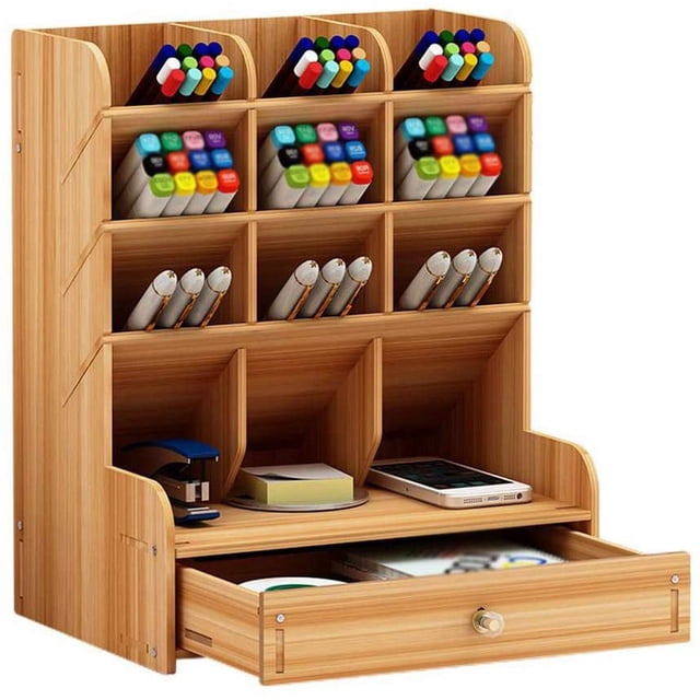 Organizador de escritorio de madera, cajón multifuncional, caja de almacenamiento de papelería, soporte para bolígrafos para el hogar, la oficina, la escuela, cerezo